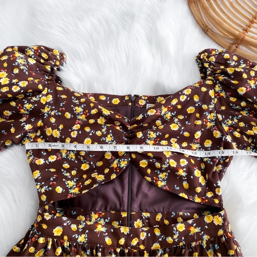 NWOT Autumn Adeigbo Bridgette Puff Sleeve Cut-Out Top Brown Yellow Floral - Picture 7 of 16